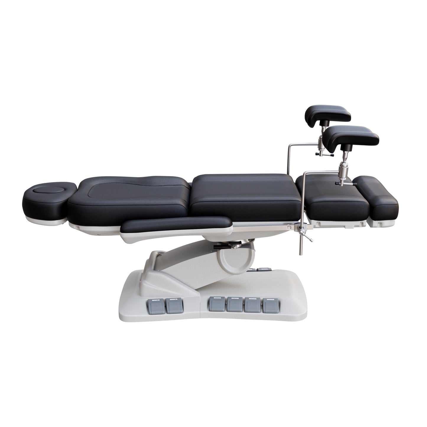 Adjustable OB-GYN medical exam chair with stirrups, vegan leather upholstery, foot pedals, and memory controls for outpatient procedures.