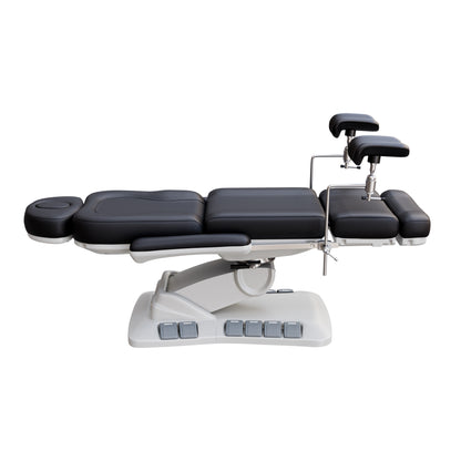 Adjustable OB-GYN medical exam chair with stirrups, vegan leather upholstery, foot pedals, and memory controls for outpatient procedures.