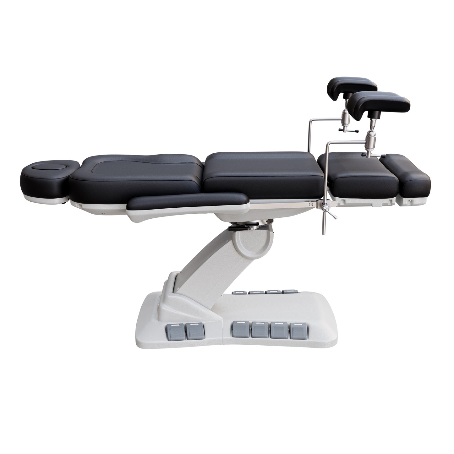 Adjustable OB-GYN medical exam chair with stirrups, vegan leather upholstery, foot pedals, and memory controls for outpatient procedures.