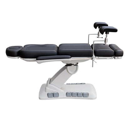 Adjustable OB-GYN medical exam chair with stirrups, vegan leather upholstery, foot pedals, and memory controls for outpatient procedures.