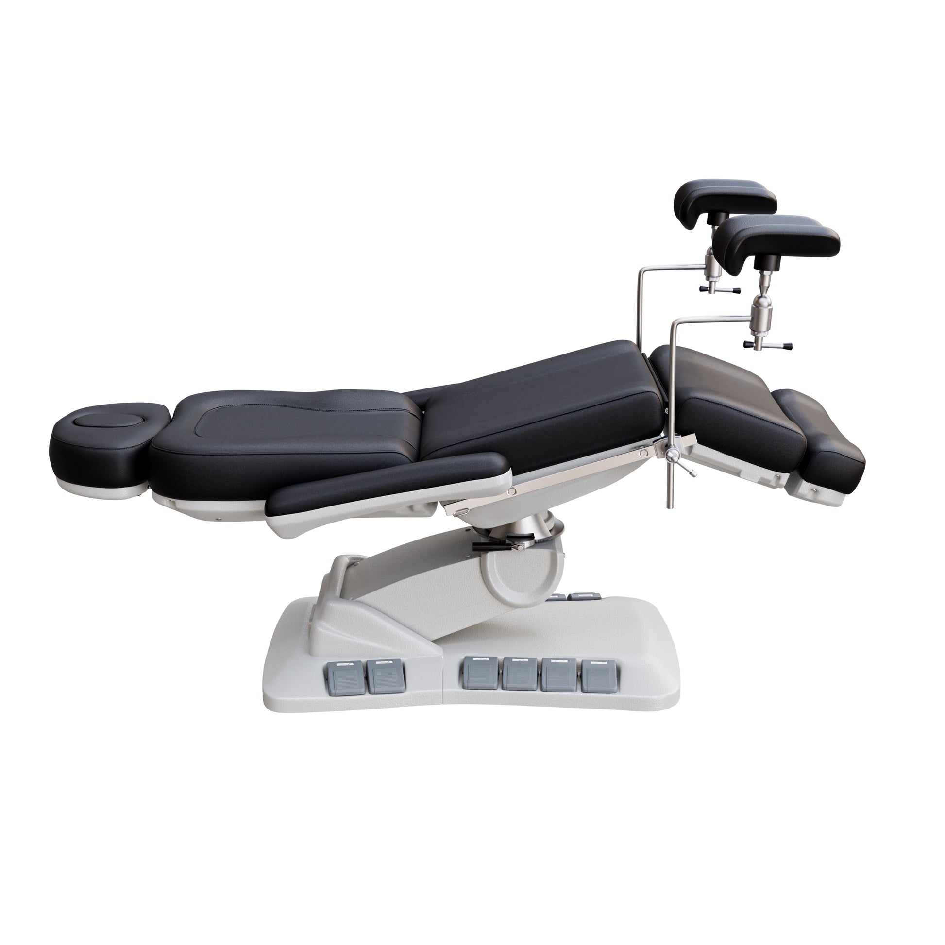 Adjustable OB-GYN medical exam chair with stirrups, vegan leather upholstery, foot pedals, and memory controls for outpatient procedures.