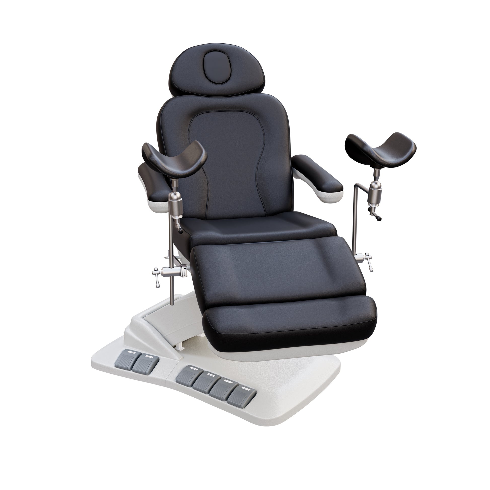 Adjustable OB-GYN medical exam chair with stirrups, vegan leather upholstery, foot pedals, and memory controls for outpatient procedures.