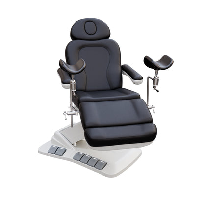 Adjustable OB-GYN medical exam chair with stirrups, vegan leather upholstery, foot pedals, and memory controls for outpatient procedures.