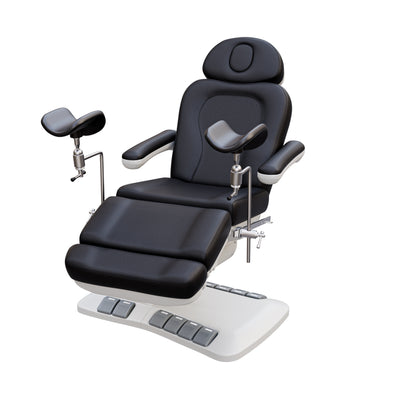 Adjustable OB-GYN medical exam chair with stirrups, vegan leather upholstery, foot pedals, and memory controls for outpatient procedures.