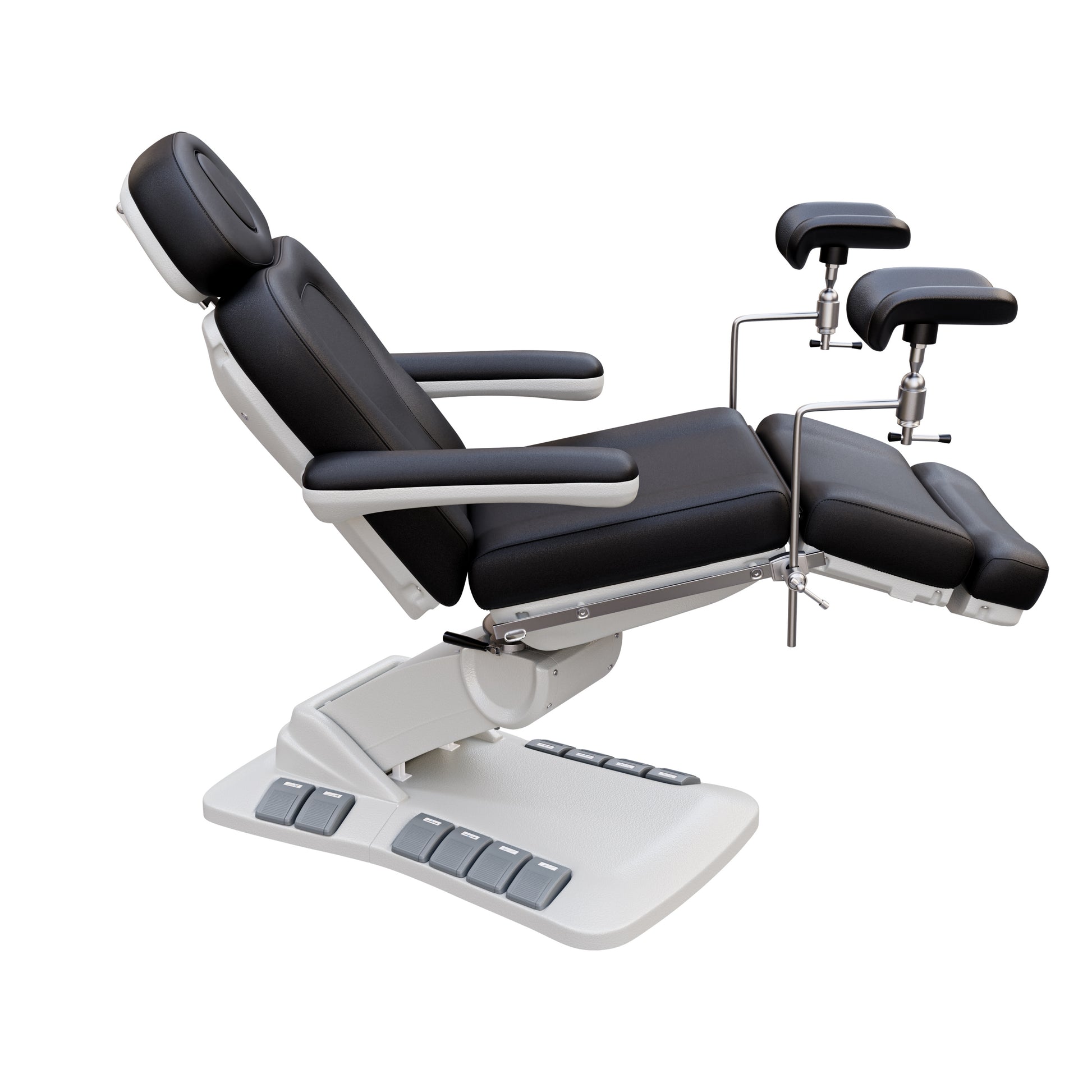 Adjustable OB-GYN medical exam chair with stirrups, vegan leather upholstery, foot pedals, and memory controls for outpatient procedures.