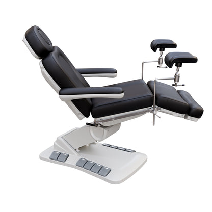 Adjustable OB-GYN medical exam chair with stirrups, vegan leather upholstery, foot pedals, and memory controls for outpatient procedures.