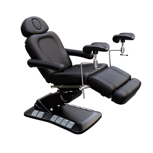 SPA NUMA OB-GYN Swivel Deluxe 4 Motor Electric Treatment Chair with stirrups – medical exam chair for gynecology, outpatient surgery, and aesthetic procedures, featuring 120° rotation, vegan leather upholstery, adjustable height and backrest.