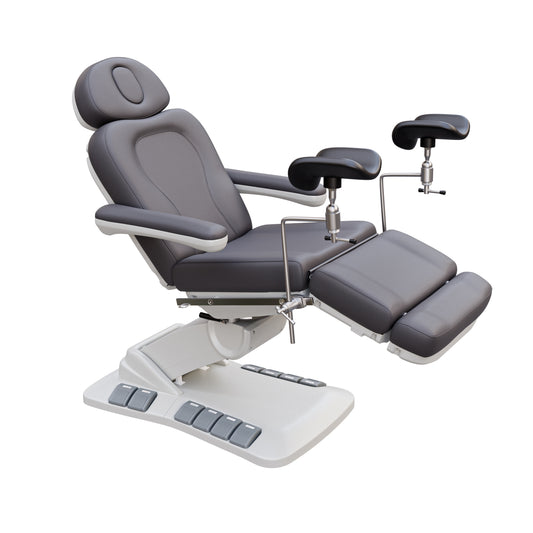 SPA NUMA OB-GYN Swivel Deluxe electric treatment chair with stirrups, 4 motors, 120-degree rotation, vegan leather, for gynecology and outpatient procedures.