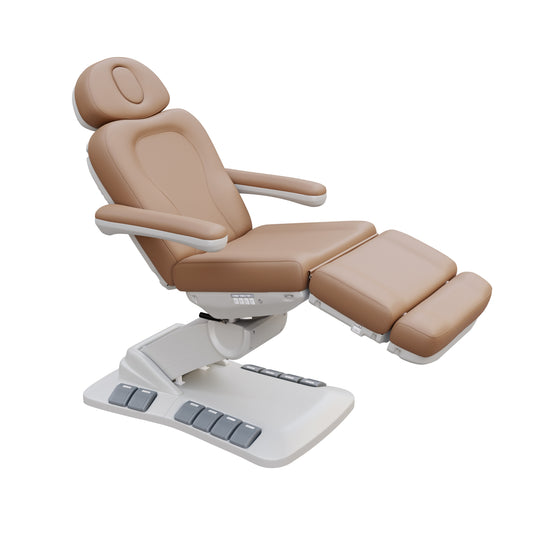 SPA NUMA Swivel Deluxe 4 Motor Electric Treatment Chair for medical, esthetic, and fat-reduction procedures – features 120° rotation, adjustable height, backrest, and leg-rest, vegan leather, facial hole, built-in foot pedals, and memory reset function.