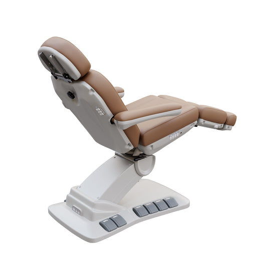 SPA NUMA Swivel Deluxe 4 Motor Electric Treatment Chair for medical, esthetic, and fat-reduction procedures – features 120° rotation, adjustable height, backrest, and leg-rest, vegan leather, facial hole, built-in foot pedals, and memory reset function.
