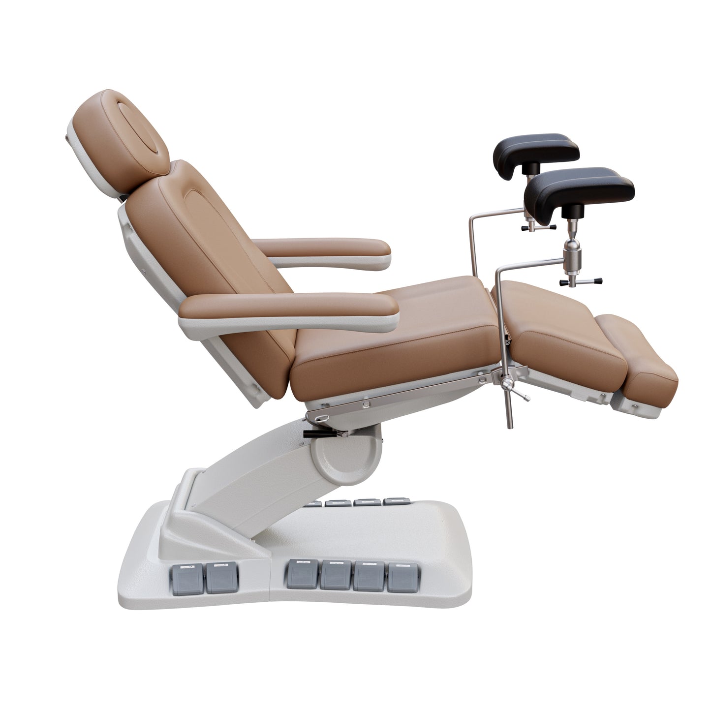 SPA NUMA OB-GYN swivel deluxe 4 motor electric treatment chair with stirrups, 120° rotation, vegan leather upholstery, for gynecology and medical spa procedures.