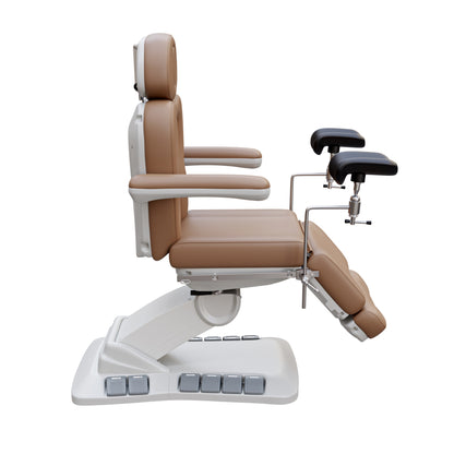 SPA NUMA OB-GYN swivel deluxe 4 motor electric treatment chair with stirrups, 120° rotation, vegan leather upholstery, for gynecology and medical spa procedures.