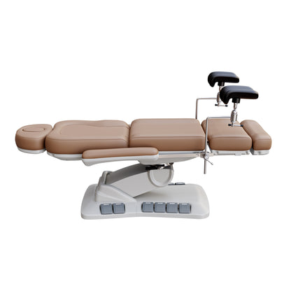 SPA NUMA OB-GYN swivel deluxe 4 motor electric treatment chair with stirrups, 120° rotation, vegan leather upholstery, for gynecology and medical spa procedures.