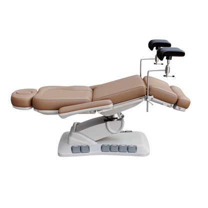 SPA NUMA OB-GYN swivel deluxe 4 motor electric treatment chair with stirrups, 120° rotation, vegan leather upholstery, for gynecology and medical spa procedures.