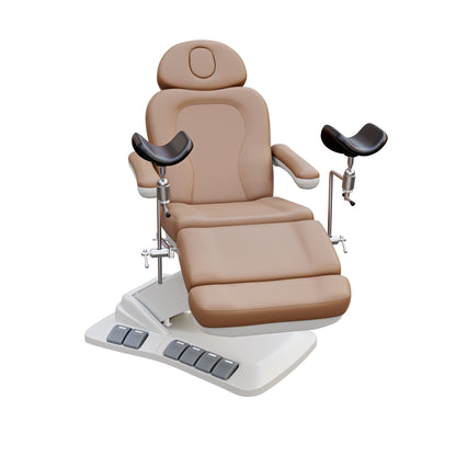 SPA NUMA OB-GYN swivel deluxe 4 motor electric treatment chair with stirrups, 120° rotation, vegan leather upholstery, for gynecology and medical spa procedures.