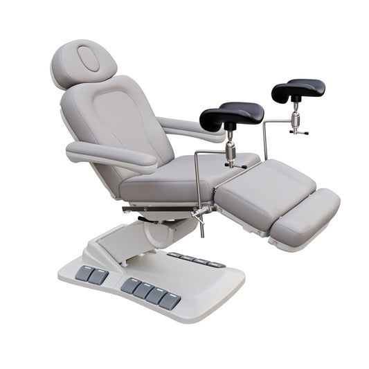 SPA NUMA OB-GYN Swivel Deluxe 4 motor electric treatment chair with stirrups, vegan leather upholstery, 120-degree rotation, for gynecological exams and aesthetic procedures.