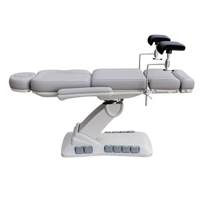 SPA NUMA OB-GYN Swivel Deluxe 4 motor electric treatment chair with stirrups, vegan leather upholstery, 120-degree rotation, for gynecological exams and aesthetic procedures.