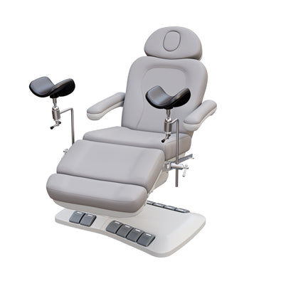 SPA NUMA OB-GYN Swivel Deluxe 4 motor electric treatment chair with stirrups, vegan leather upholstery, 120-degree rotation, for gynecological exams and aesthetic procedures.