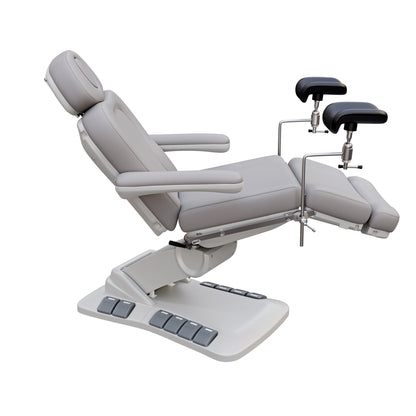SPA NUMA OB-GYN Swivel Deluxe 4 motor electric treatment chair with stirrups, vegan leather upholstery, 120-degree rotation, for gynecological exams and aesthetic procedures.