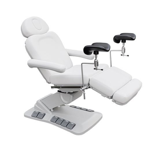 Spa Numa OB-GYN Swivel Deluxe 4-motor electric treatment chair with stirrups, 120° rotation, vegan leather upholstery, and memory remote for gynecology and aesthetic procedures.