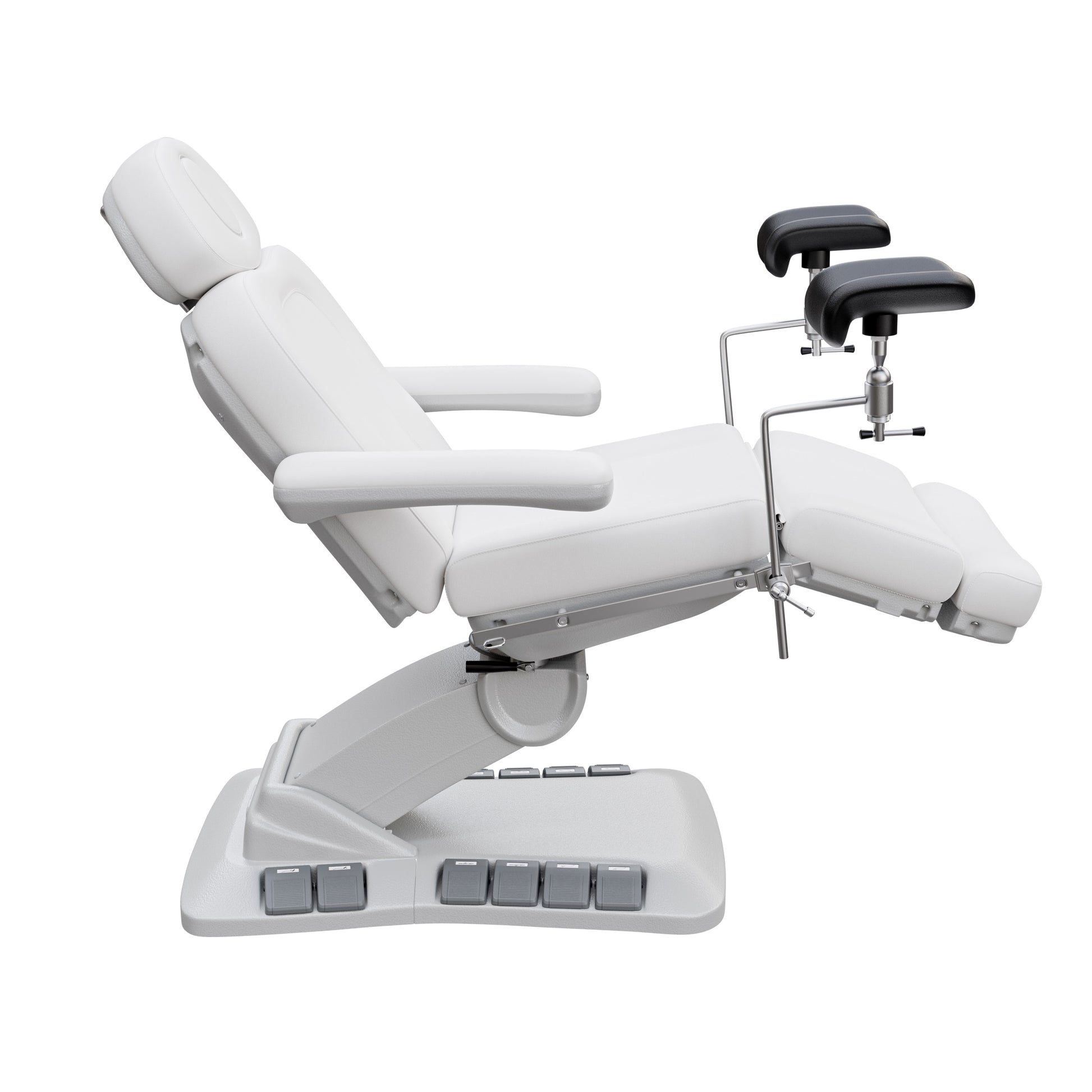 Spa Numa OB-GYN Swivel Deluxe 4-motor electric treatment chair with stirrups, 120° rotation, vegan leather upholstery, and memory remote for gynecology and aesthetic procedures.