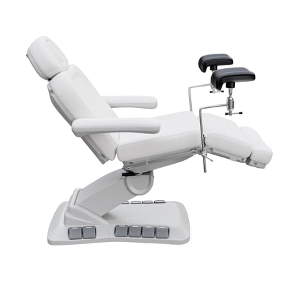 Spa Numa OB-GYN Swivel Deluxe 4-motor electric treatment chair with stirrups, 120° rotation, vegan leather upholstery, and memory remote for gynecology and aesthetic procedures.