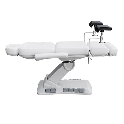 Spa Numa OB-GYN Swivel Deluxe 4-motor electric treatment chair with stirrups, 120° rotation, vegan leather upholstery, and memory remote for gynecology and aesthetic procedures.