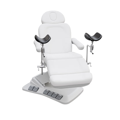 Spa Numa OB-GYN Swivel Deluxe 4-motor electric treatment chair with stirrups, 120° rotation, vegan leather upholstery, and memory remote for gynecology and aesthetic procedures.