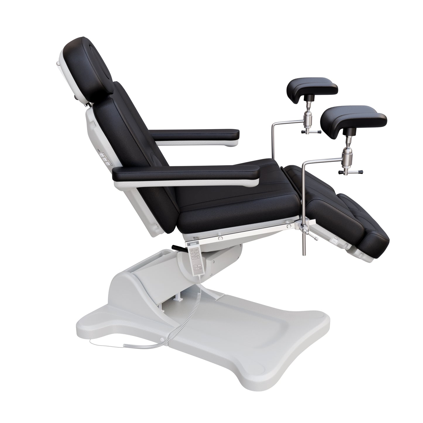 Fully electric Spa Numa OB-GYN treatment table with 4 motors, 240° rotation, adjustable PU leather headrest, and stainless-steel stirrups for clinical and aesthetic procedures.