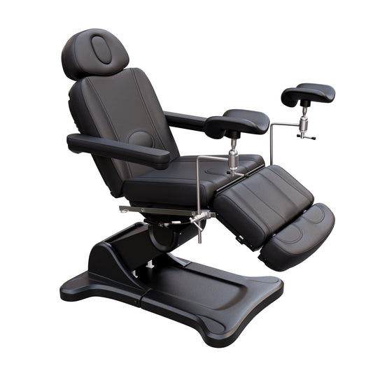 Spa Numa OB-GYN SWIVEL fully electric treatment table with adjustable stirrups, 4-motor control, 240° rotation, vegan leather upholstery, and extendable headrest for medical and aesthetic procedures.
