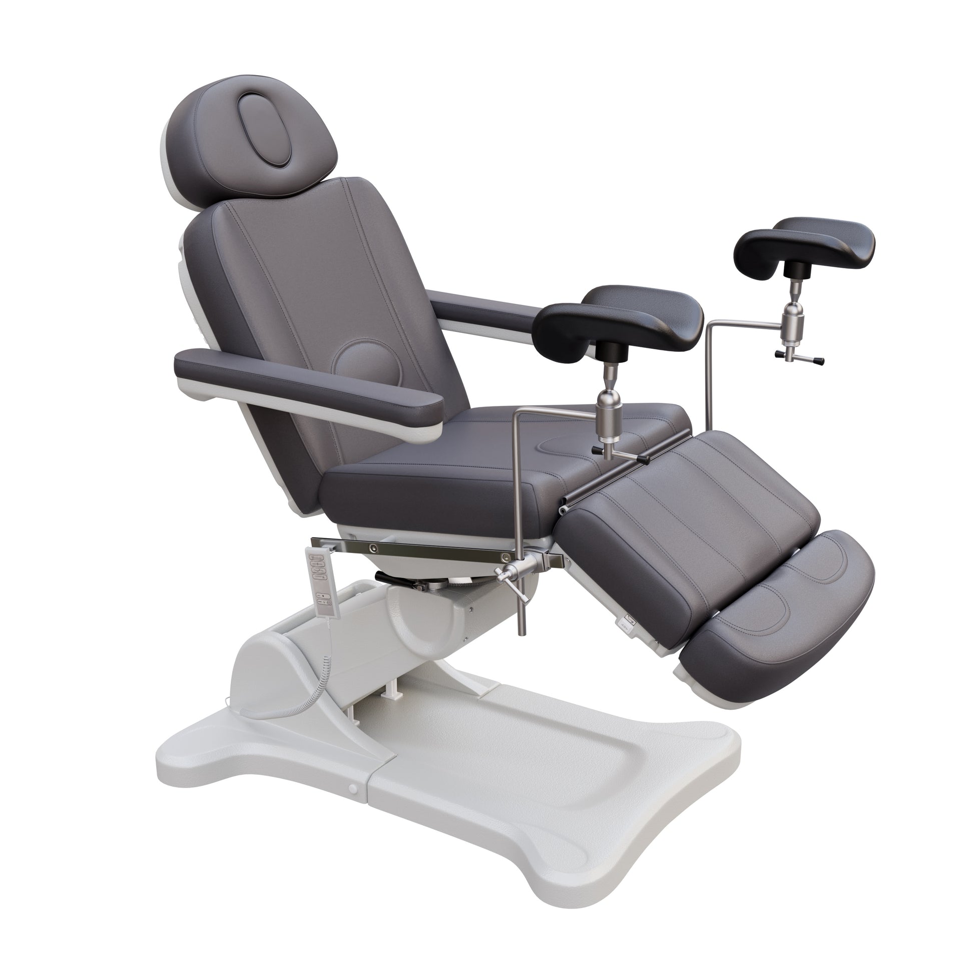 Spa Numa fully electric OB-GYN treatment chair with 240° swivel, surgical-grade stainless steel stirrups, adjustable backrest and leg rest, removable armrests, and PU leather upholstery for medical and esthetic use.