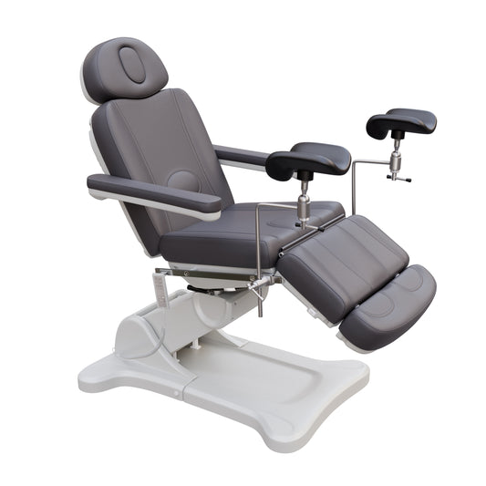 Spa Numa fully electric OB-GYN treatment chair with 240° swivel, surgical-grade stainless steel stirrups, adjustable backrest and leg rest, removable armrests, and PU leather upholstery for medical and esthetic use.
