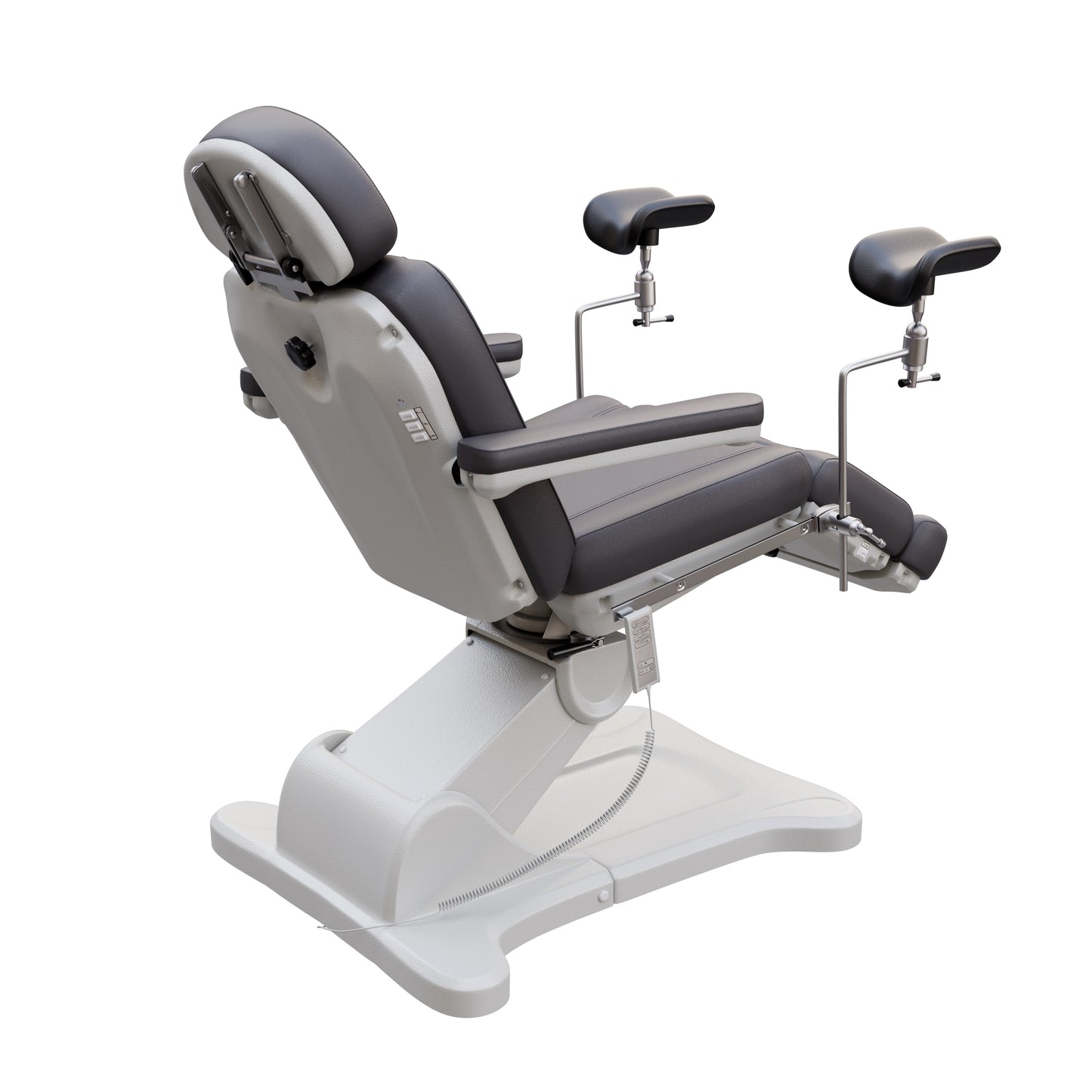 Spa Numa fully electric OB-GYN treatment chair with 240° swivel, surgical-grade stainless steel stirrups, adjustable backrest and leg rest, removable armrests, and PU leather upholstery for medical and esthetic use.