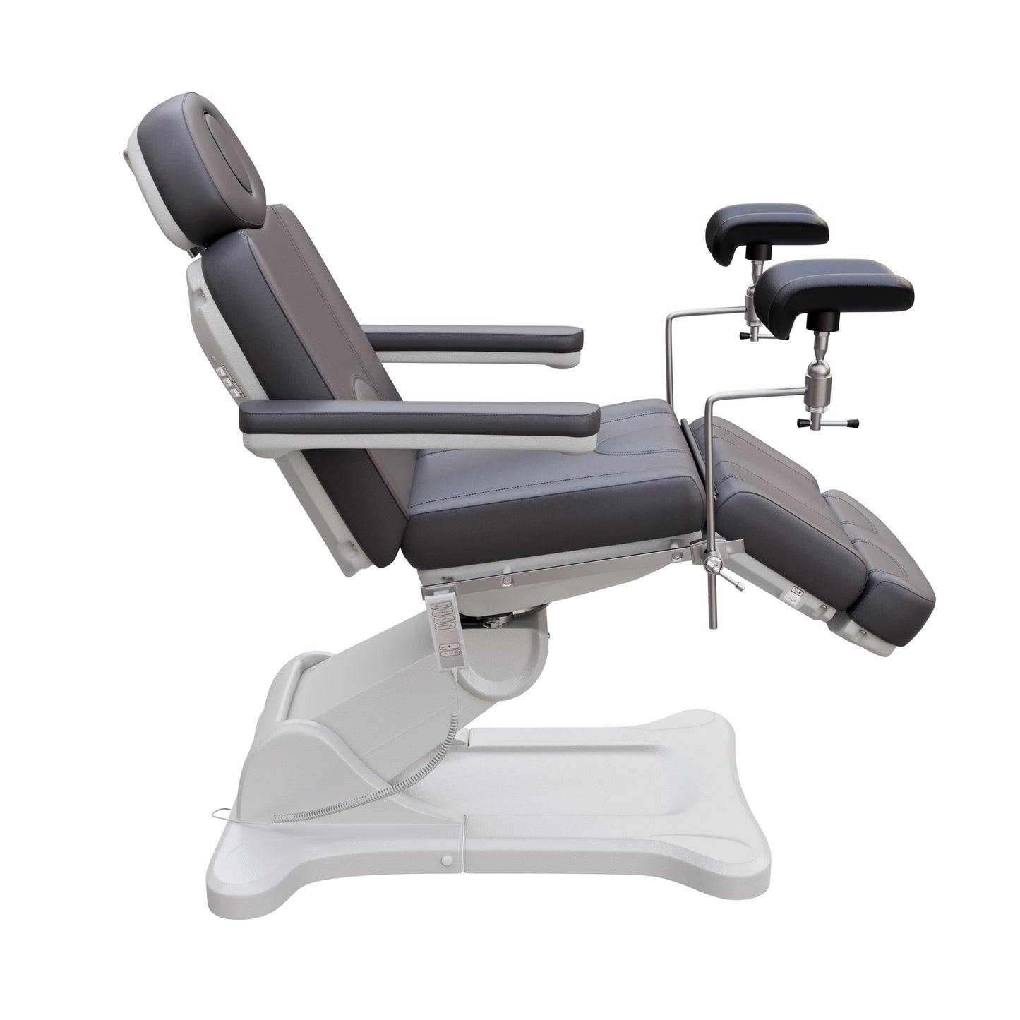 Spa Numa fully electric OB-GYN treatment chair with 240° swivel, surgical-grade stainless steel stirrups, adjustable backrest and leg rest, removable armrests, and PU leather upholstery for medical and esthetic use.