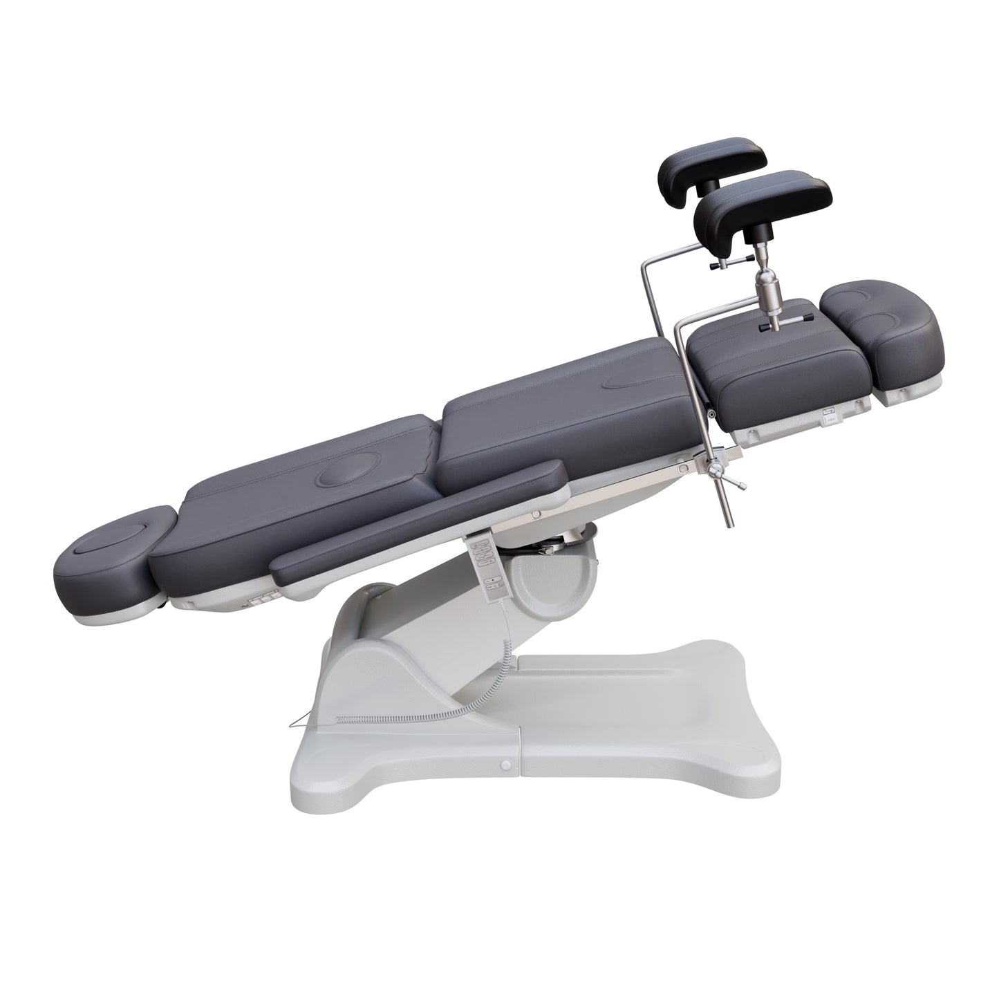 Spa Numa fully electric OB-GYN treatment chair with 240° swivel, surgical-grade stainless steel stirrups, adjustable backrest and leg rest, removable armrests, and PU leather upholstery for medical and esthetic use.