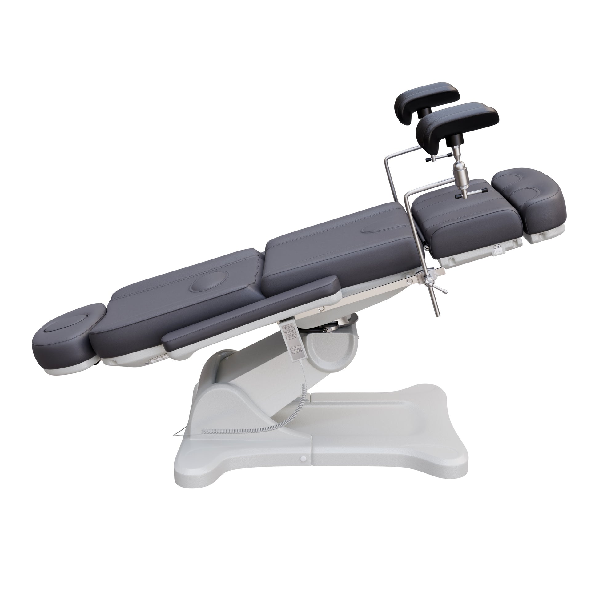 Spa Numa fully electric OB-GYN treatment chair with 240° swivel, surgical-grade stainless steel stirrups, adjustable backrest and leg rest, removable armrests, and PU leather upholstery for medical and esthetic use.