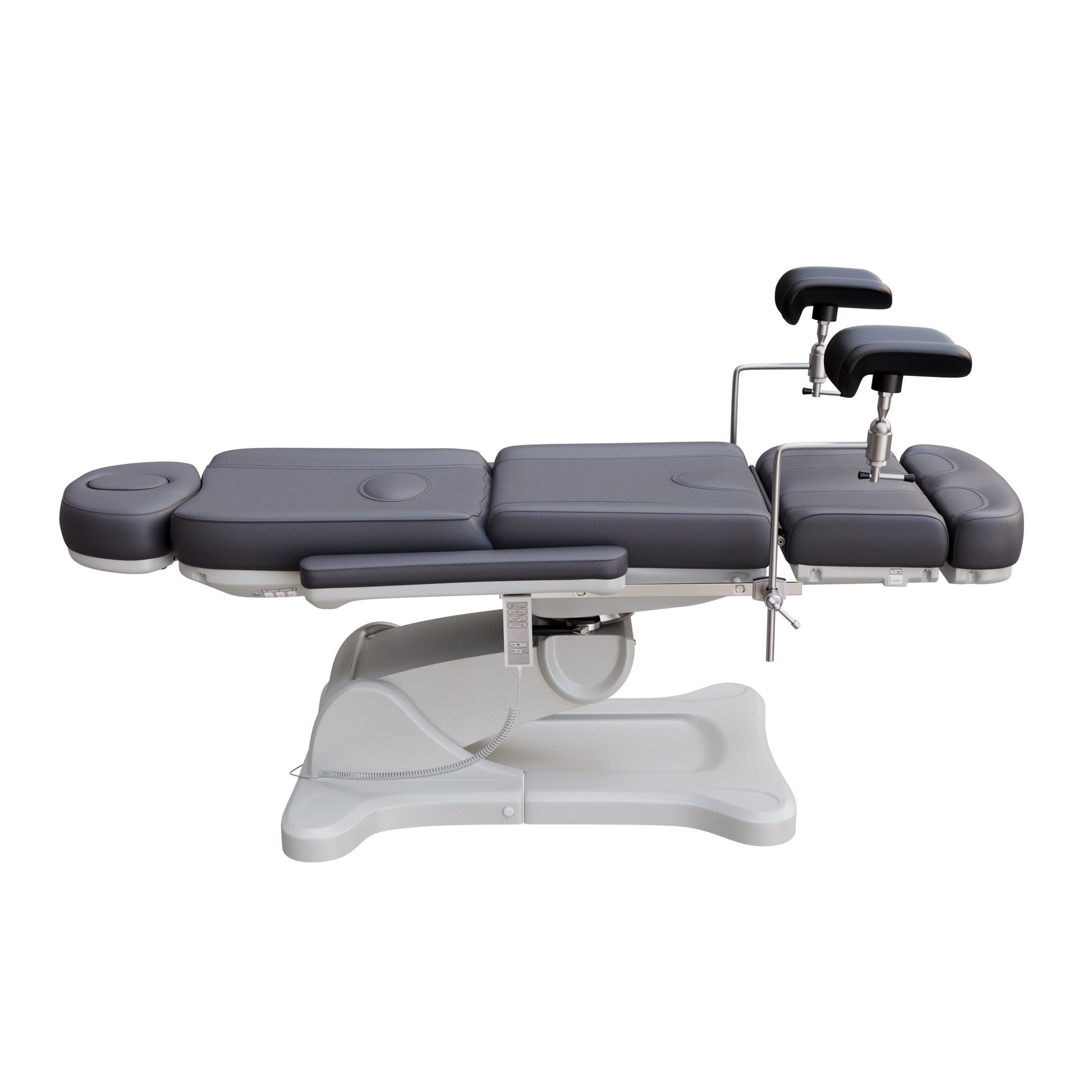 Spa Numa fully electric OB-GYN treatment chair with 240° swivel, surgical-grade stainless steel stirrups, adjustable backrest and leg rest, removable armrests, and PU leather upholstery for medical and esthetic use.