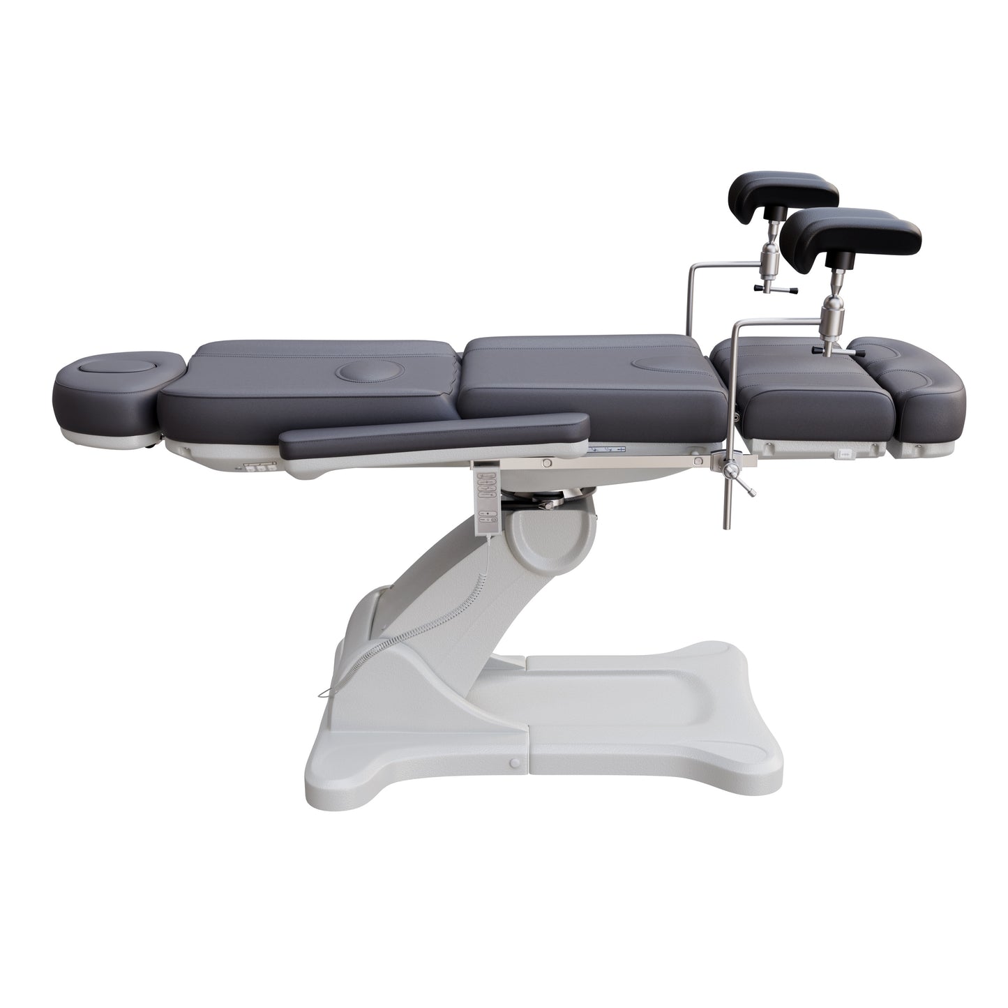Spa Numa fully electric OB-GYN treatment chair with 240° swivel, surgical-grade stainless steel stirrups, adjustable backrest and leg rest, removable armrests, and PU leather upholstery for medical and esthetic use.
