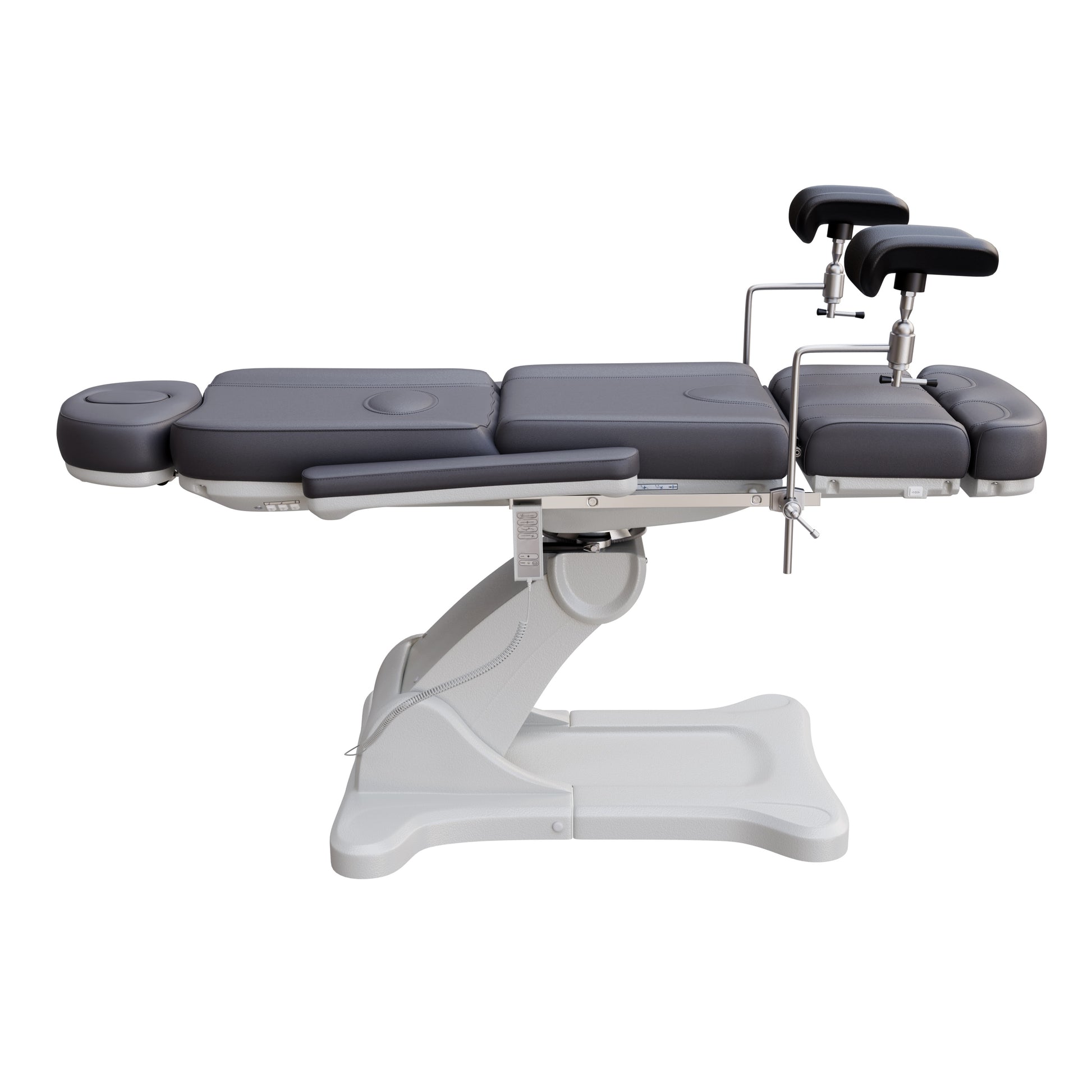 Spa Numa fully electric OB-GYN treatment chair with 240° swivel, surgical-grade stainless steel stirrups, adjustable backrest and leg rest, removable armrests, and PU leather upholstery for medical and esthetic use.