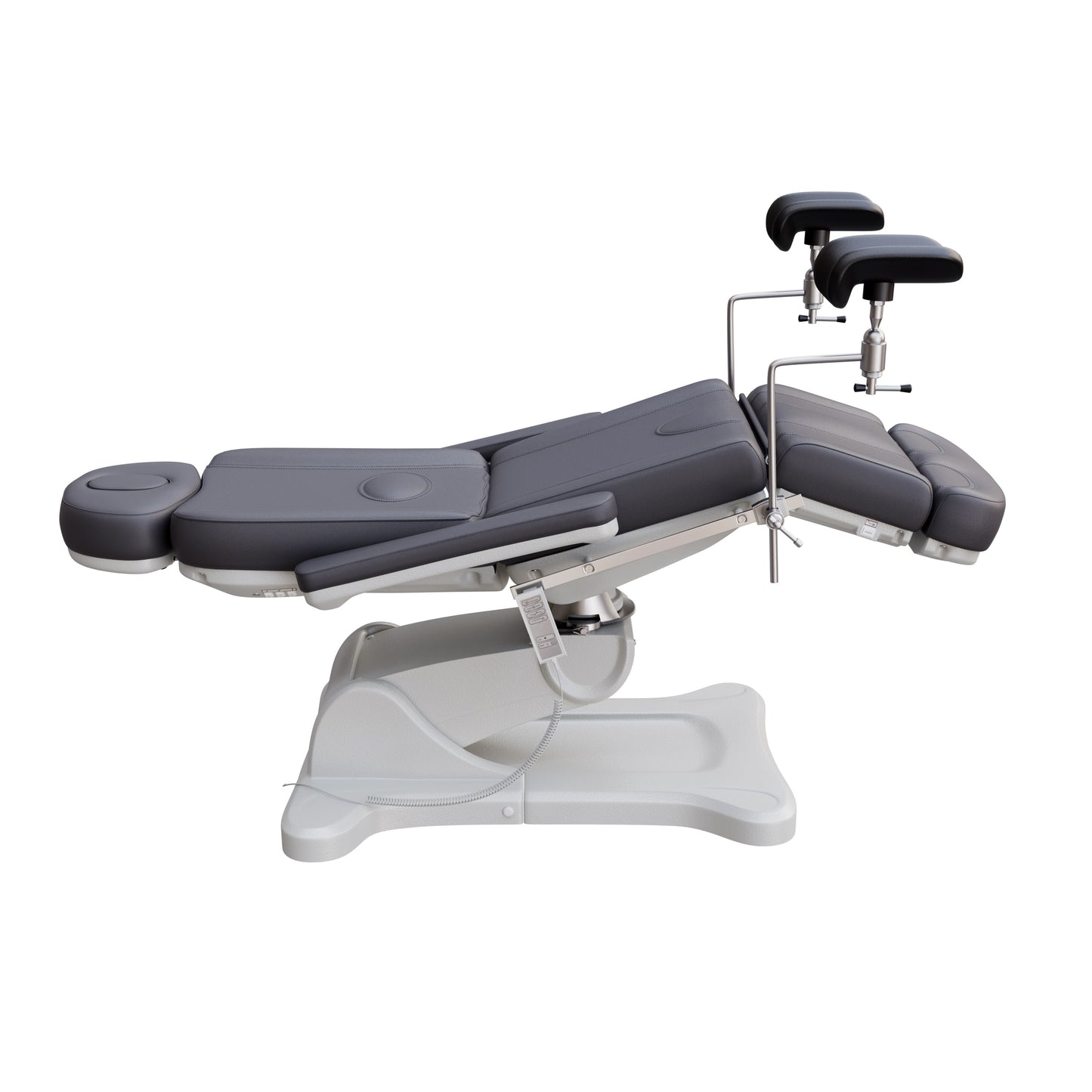 Spa Numa fully electric OB-GYN treatment chair with 240° swivel, surgical-grade stainless steel stirrups, adjustable backrest and leg rest, removable armrests, and PU leather upholstery for medical and esthetic use.