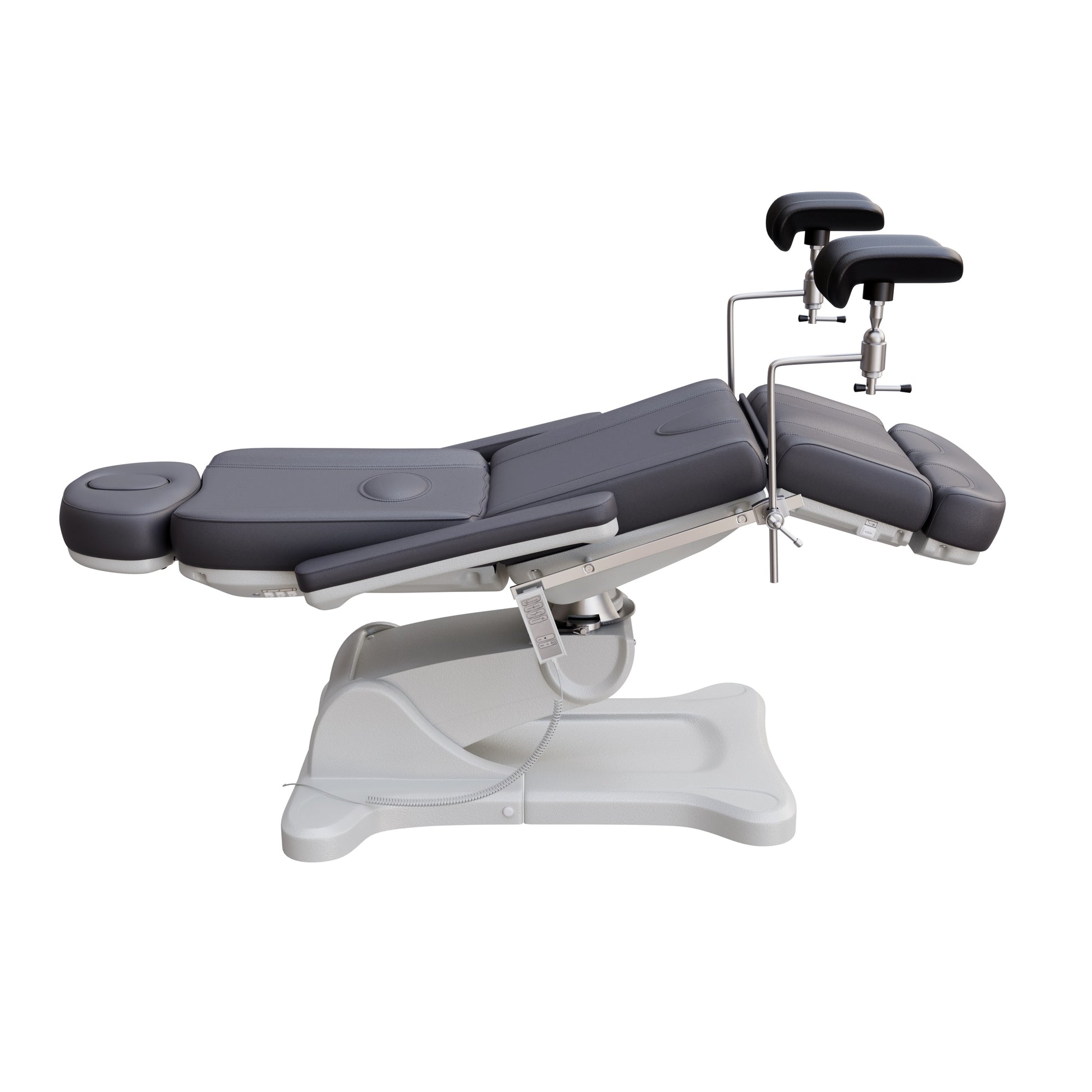 Spa Numa fully electric OB-GYN treatment chair with 240° swivel, surgical-grade stainless steel stirrups, adjustable backrest and leg rest, removable armrests, and PU leather upholstery for medical and esthetic use.