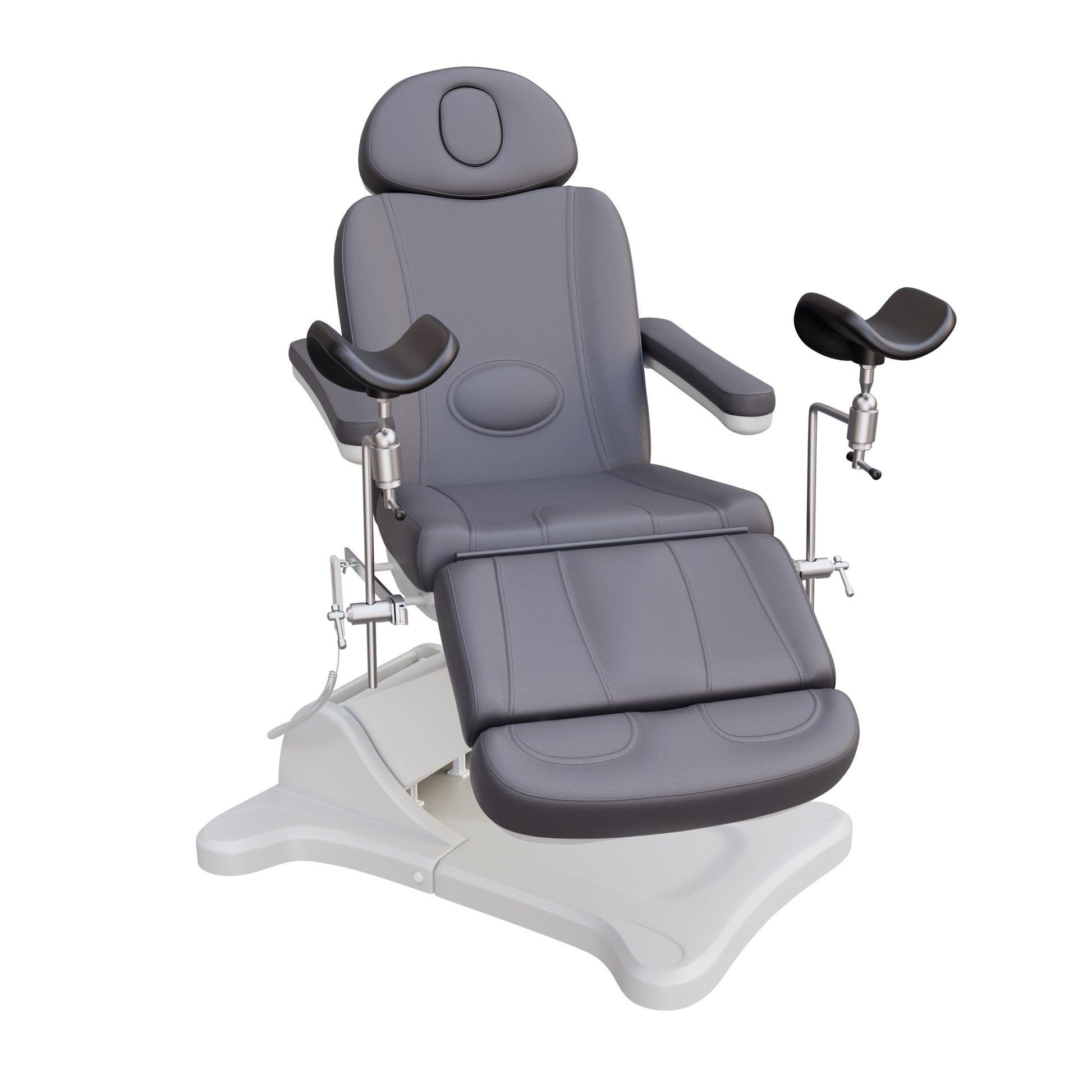 Spa Numa fully electric OB-GYN treatment chair with 240° swivel, surgical-grade stainless steel stirrups, adjustable backrest and leg rest, removable armrests, and PU leather upholstery for medical and esthetic use.