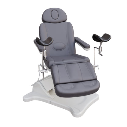 Spa Numa fully electric OB-GYN treatment chair with 240° swivel, surgical-grade stainless steel stirrups, adjustable backrest and leg rest, removable armrests, and PU leather upholstery for medical and esthetic use.