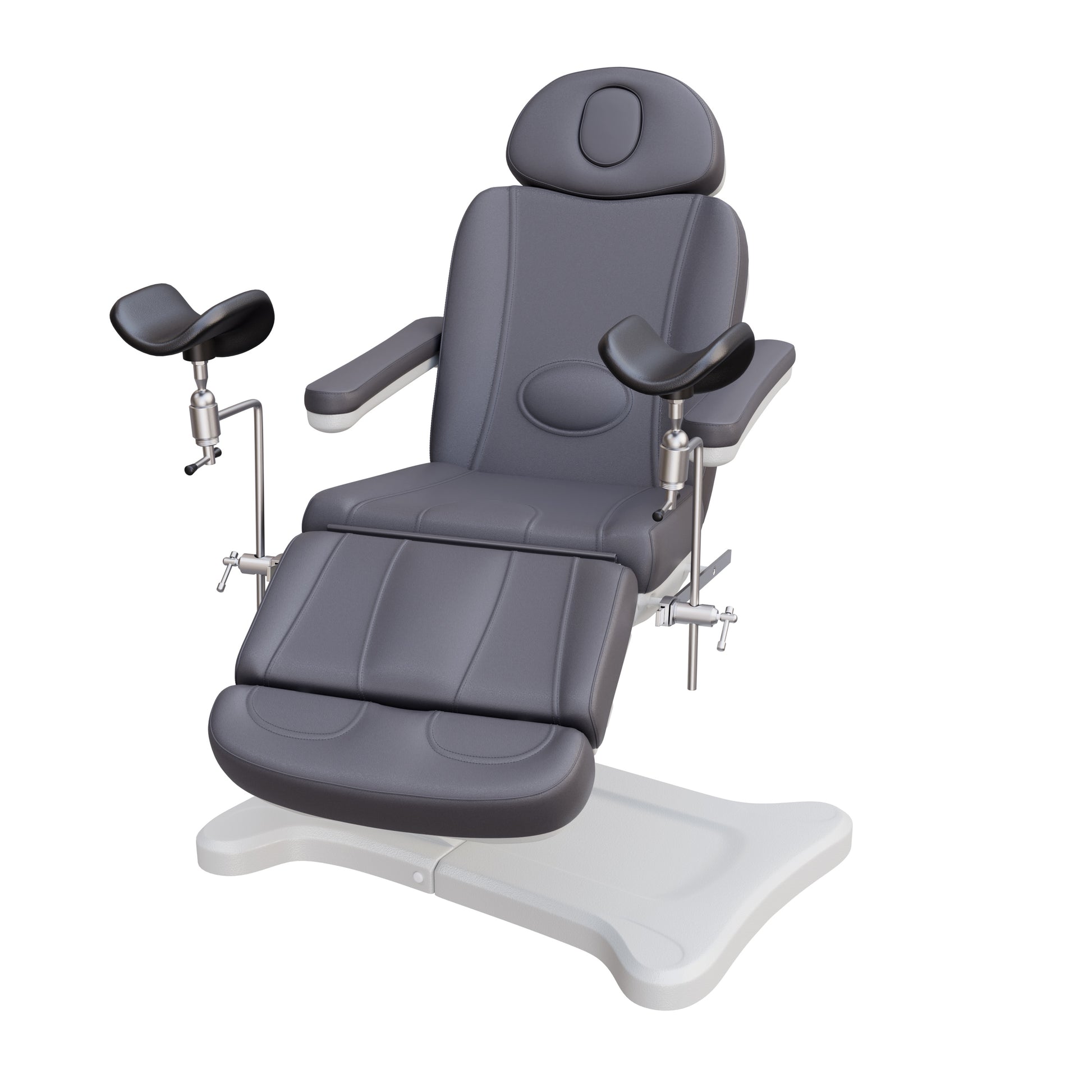 Spa Numa fully electric OB-GYN treatment chair with 240° swivel, surgical-grade stainless steel stirrups, adjustable backrest and leg rest, removable armrests, and PU leather upholstery for medical and esthetic use.