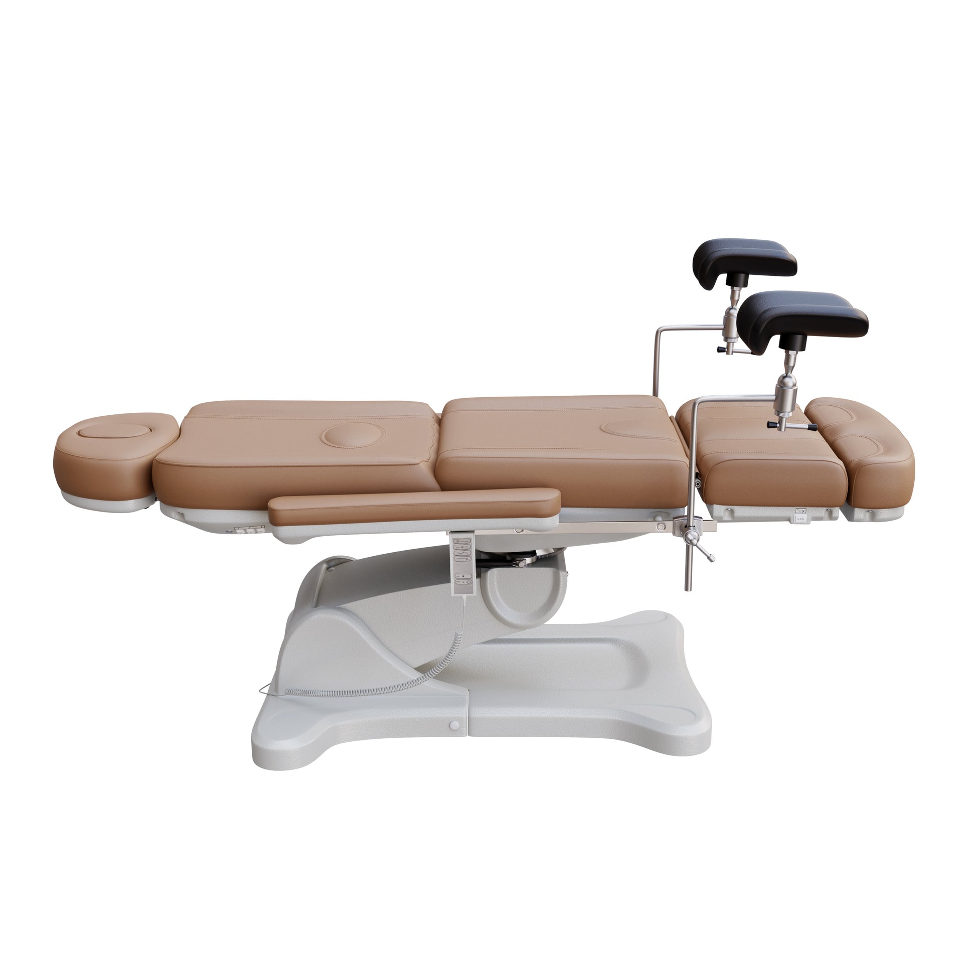 Spa Numa OB-GYN electric swivel treatment chair with adjustable backrest, leg rest, 240-degree rotation, surgical-grade stainless steel stirrups, and removable armrests for medical and esthetic use.