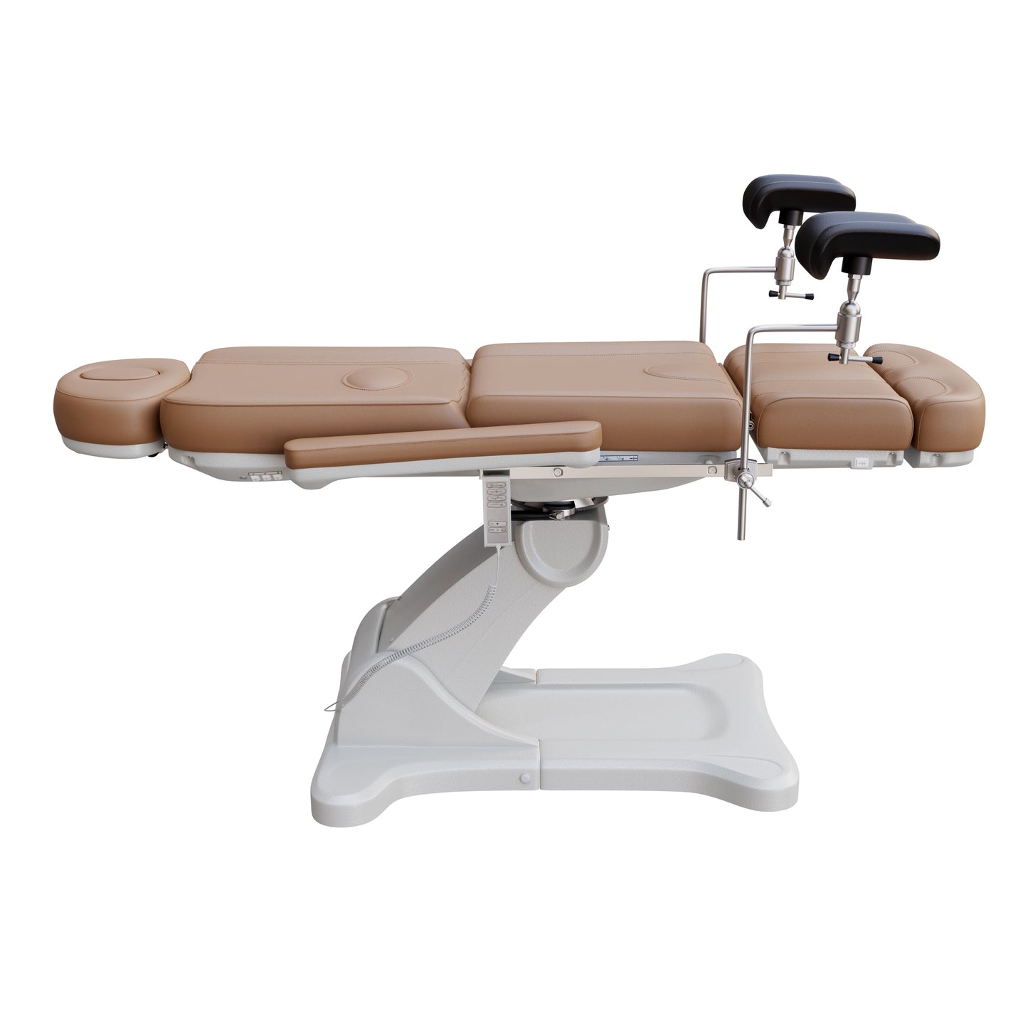 Spa Numa OB-GYN electric swivel treatment chair with adjustable backrest, leg rest, 240-degree rotation, surgical-grade stainless steel stirrups, and removable armrests for medical and esthetic use.