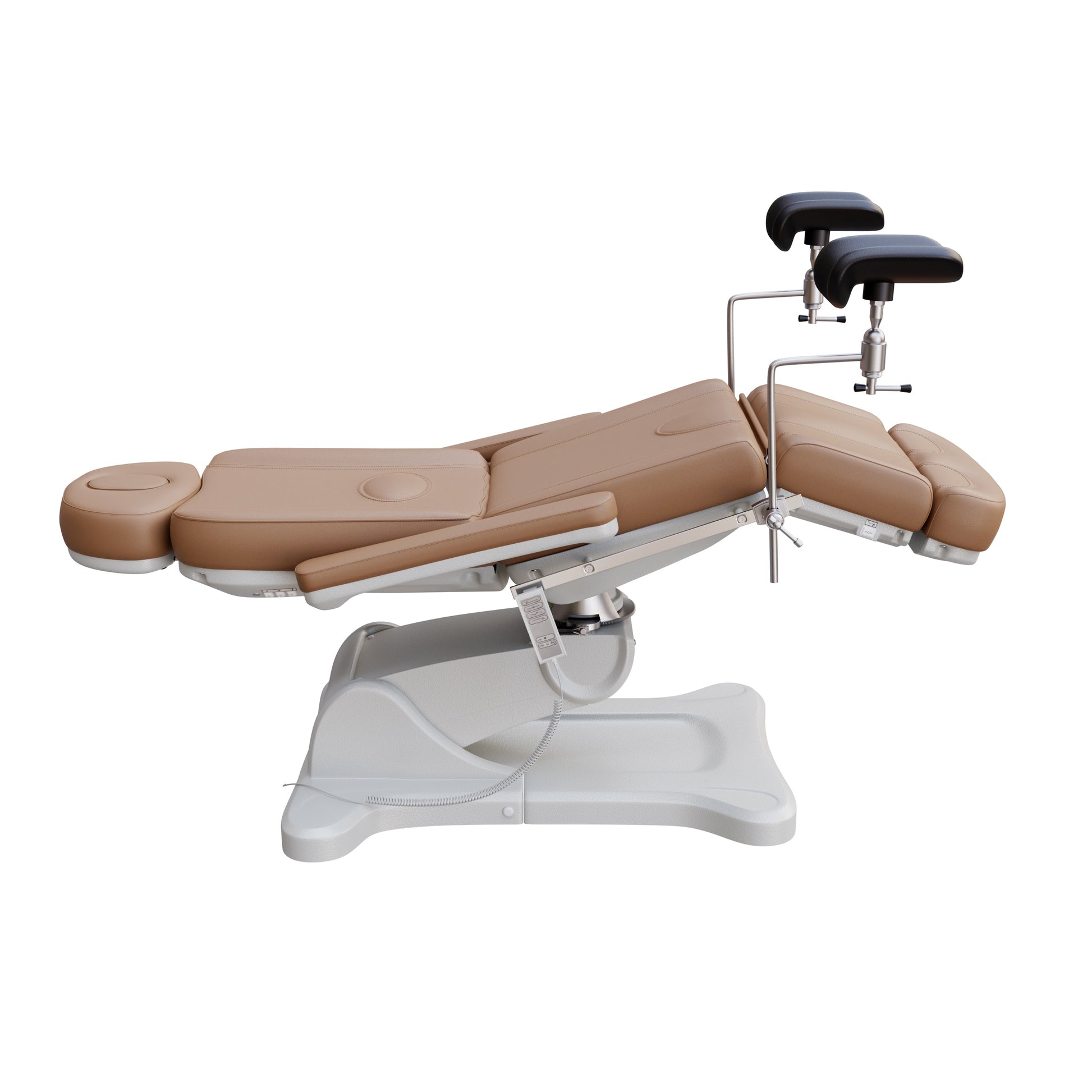 Spa Numa OB-GYN electric swivel treatment chair with adjustable backrest, leg rest, 240-degree rotation, surgical-grade stainless steel stirrups, and removable armrests for medical and esthetic use.