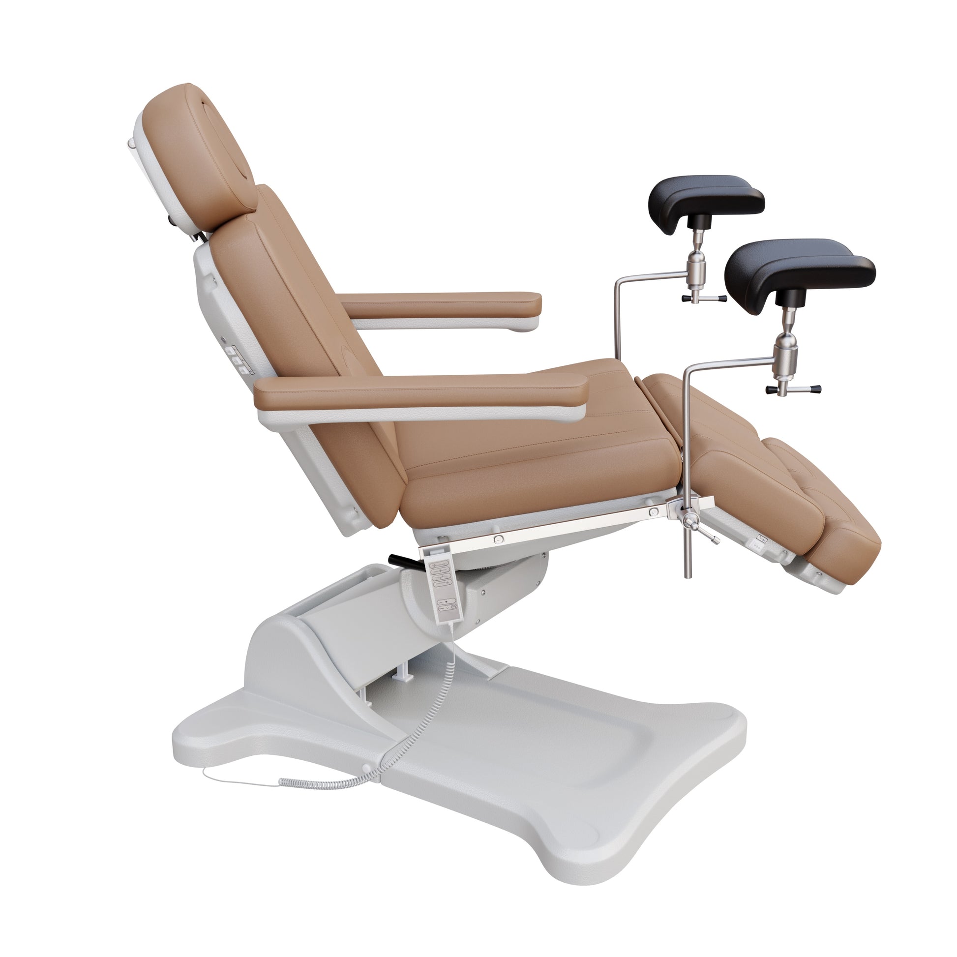 Spa Numa OB-GYN electric swivel treatment chair with adjustable backrest, leg rest, 240-degree rotation, surgical-grade stainless steel stirrups, and removable armrests for medical and esthetic use.