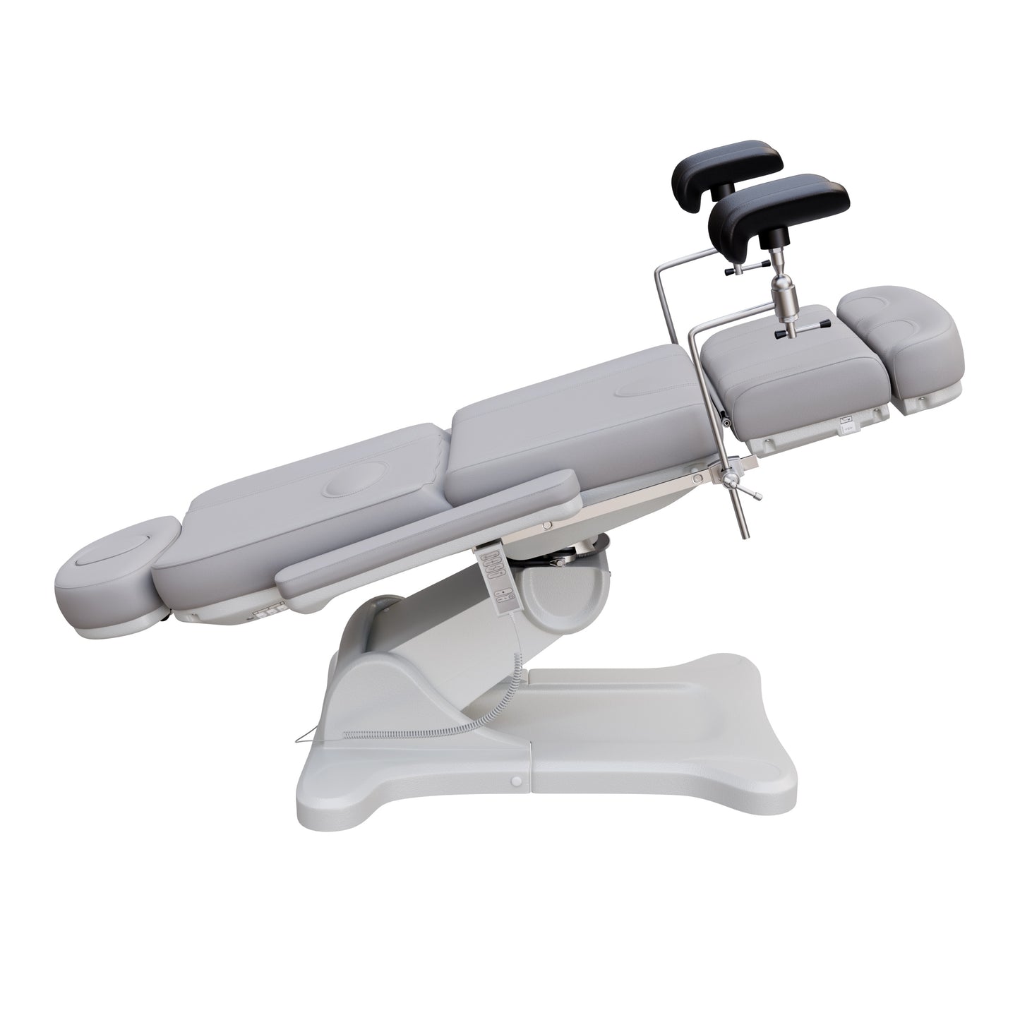 Fully electric Spa Numa OB-GYN swivel treatment chair with removable stainless-steel stirrups, extendable headrest, 240-degree rotation, and PU vinyl upholstery.