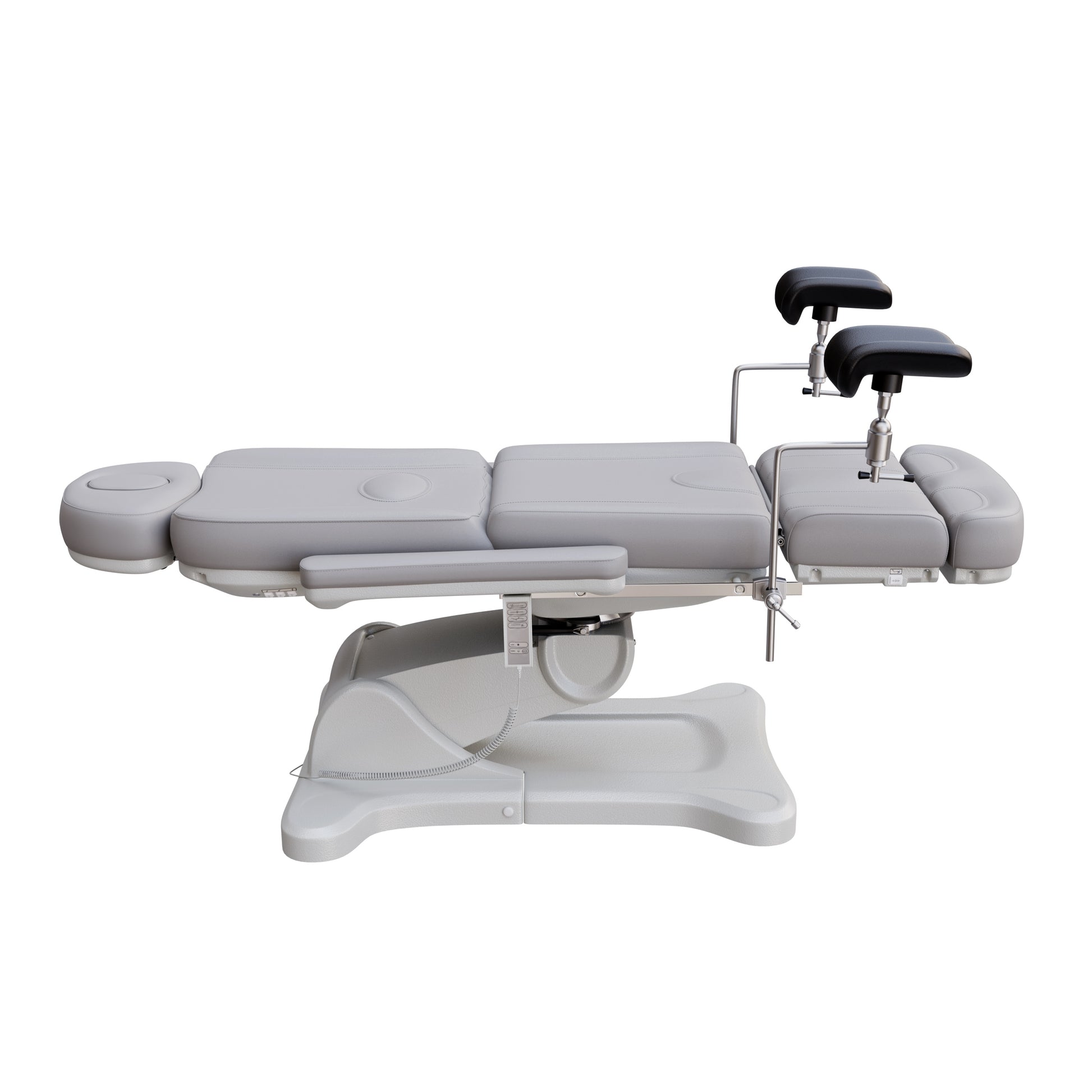Fully electric Spa Numa OB-GYN swivel treatment chair with removable stainless-steel stirrups, extendable headrest, 240-degree rotation, and PU vinyl upholstery.